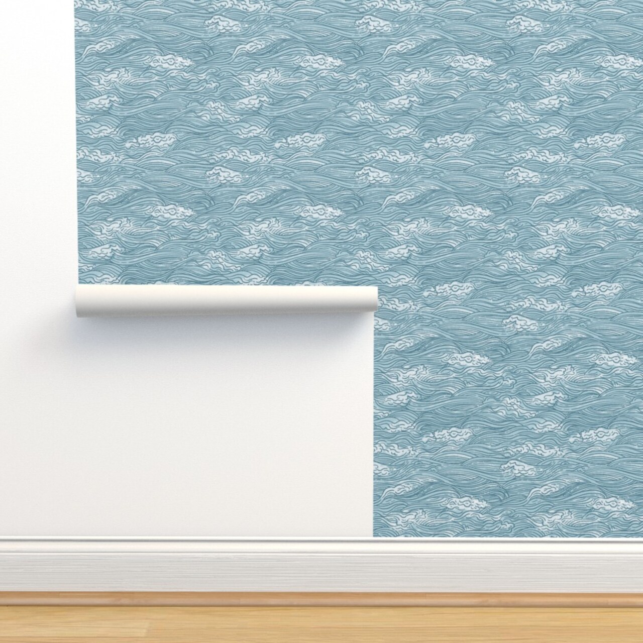 Water Hand Drawn Sea Nautical Ocean Beach Blue Waves Abstract Print Coastal Small Scale Custom Removable Wallpaper by Spoonflower Peel & Stick Wallpaper 2FT Wide